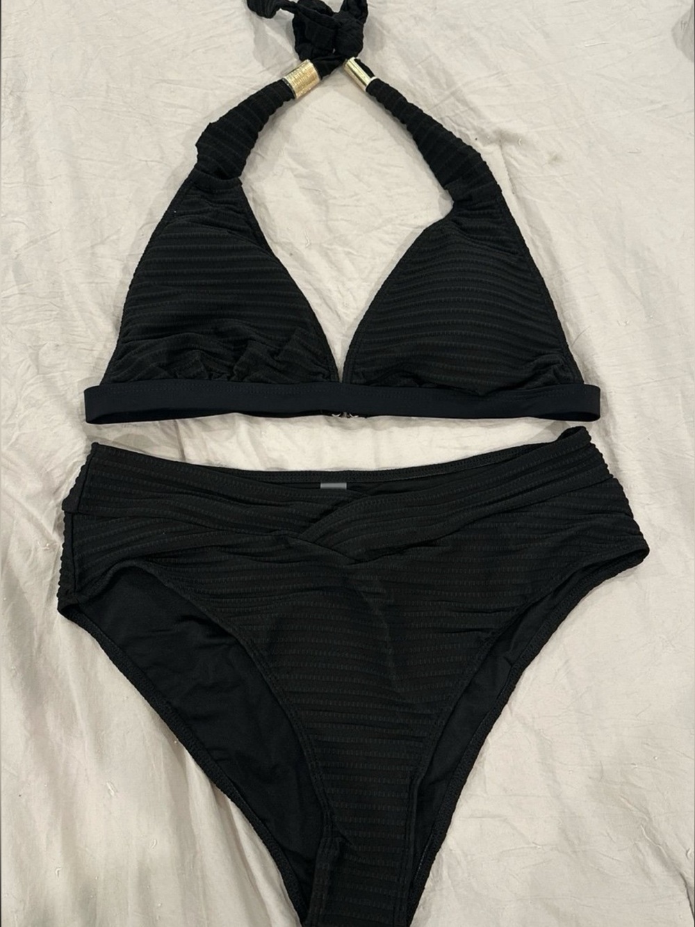 SHEIN Black Textured Halter Bikini Set